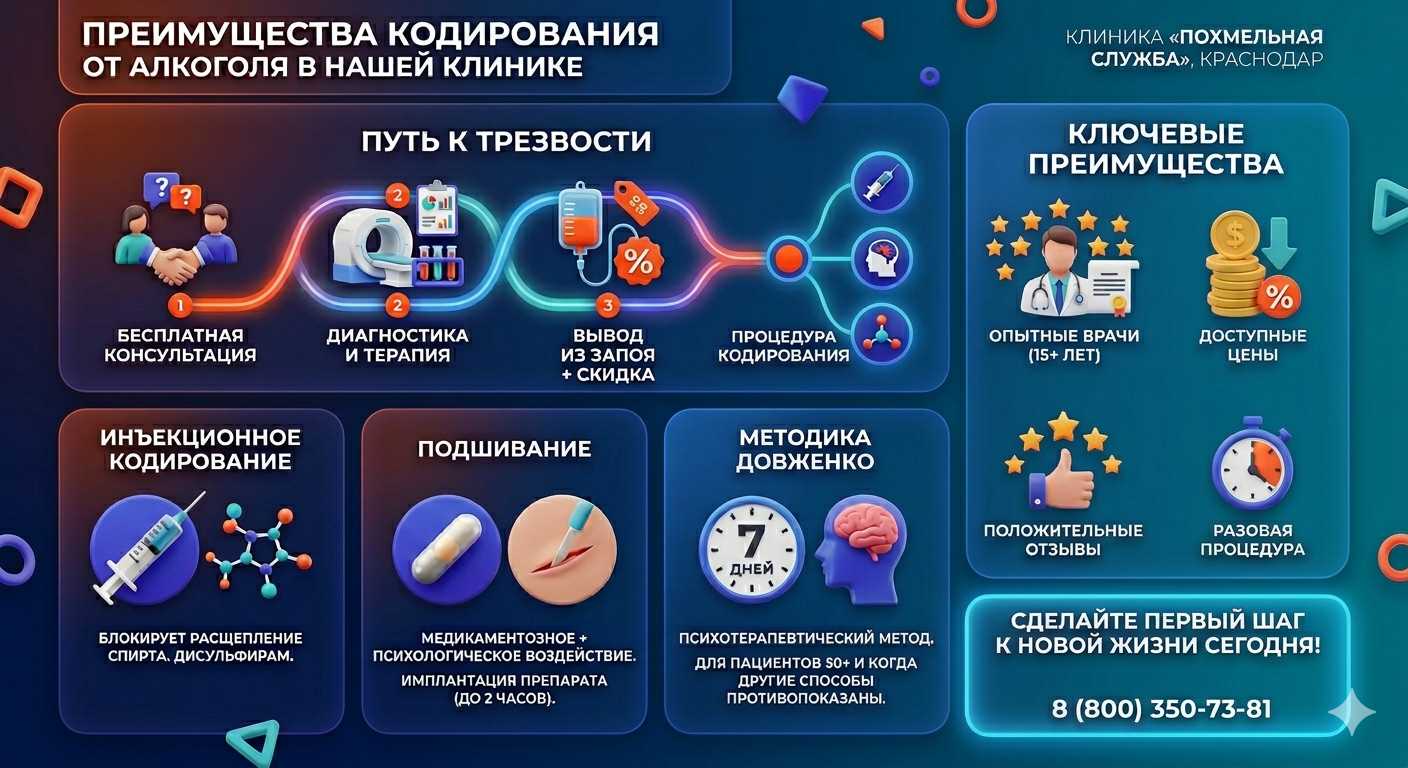 Инфографика о методах кодирования от алкоголя в Горно-Алтайске: инъекции, подшивание, метод Довженко. Преимущества клиники и этапы лечения.