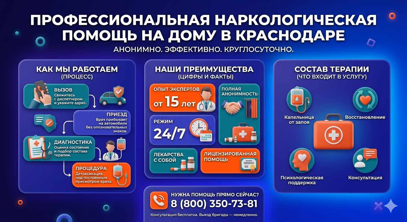 Инфографика о принципах лечения алкоголизма на дому в Горно-Алтайске: этапы вызова нарколога, преимущества анонимной детоксикации и состав медицинской помощи.
